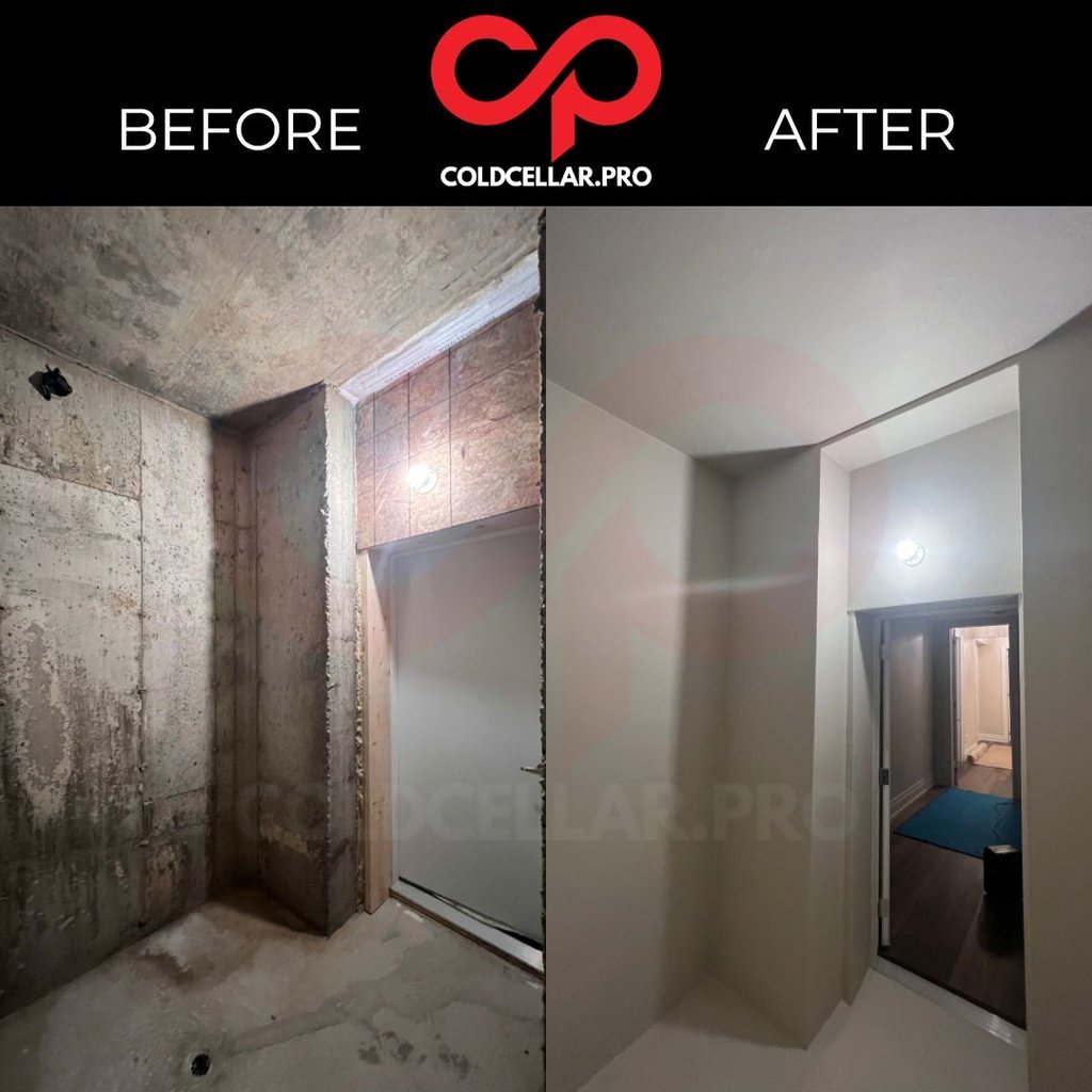 Cold cellar mid-restoration with insulation and mesh installed