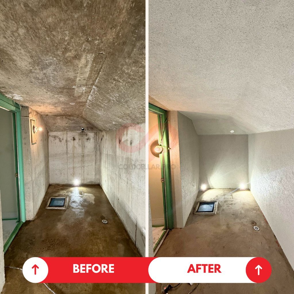 Leaky cold room walls with efflorescence before, smooth bright finished walls after restoration