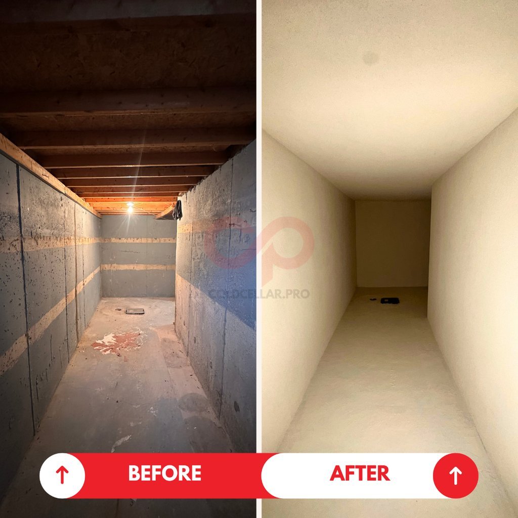 Cold cellar under porch with mould before restoration and refinished dry surfaces after