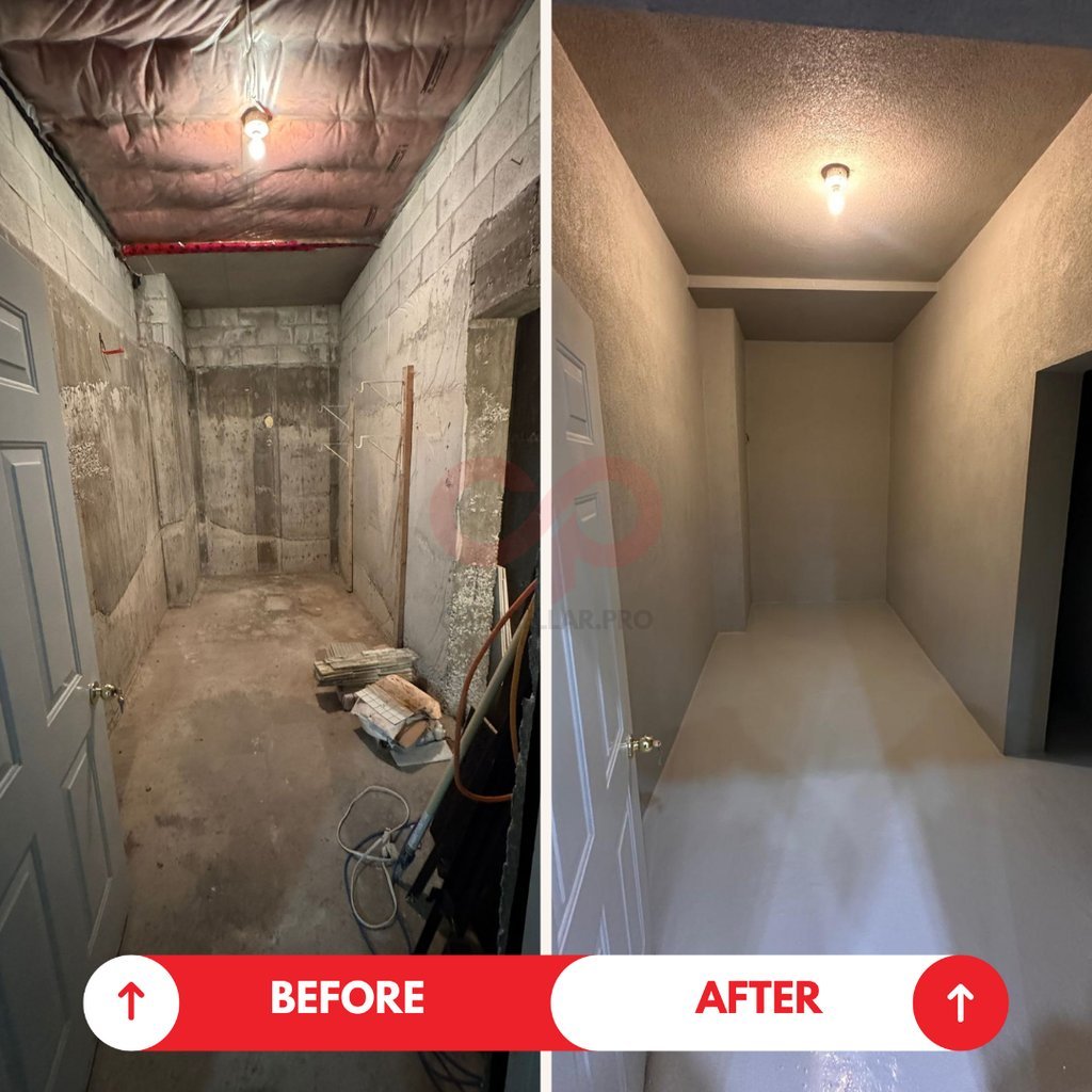 Peeling painted cold cellar restored with polymer cement and acrylic finish coat